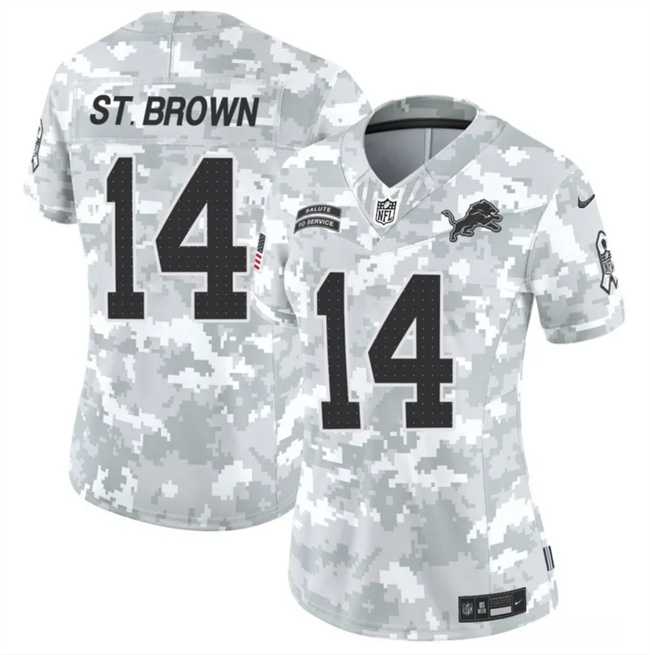 Women%27s Detroit Lions #14 Amon-Ra St. Brown 2024 F.U.S.E Arctic Camo Salute To Service Limited Stitched Jersey Dzhi->detroit lions->NFL Jersey